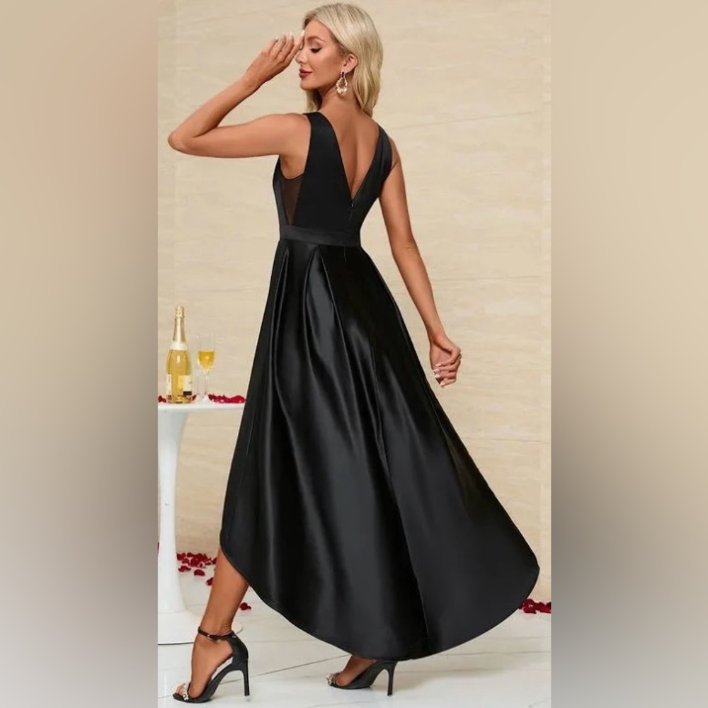 NWT JJs HOUSE-Black Strapless Sequin Top High Low A-Line Poly Satin Dress Sz 12